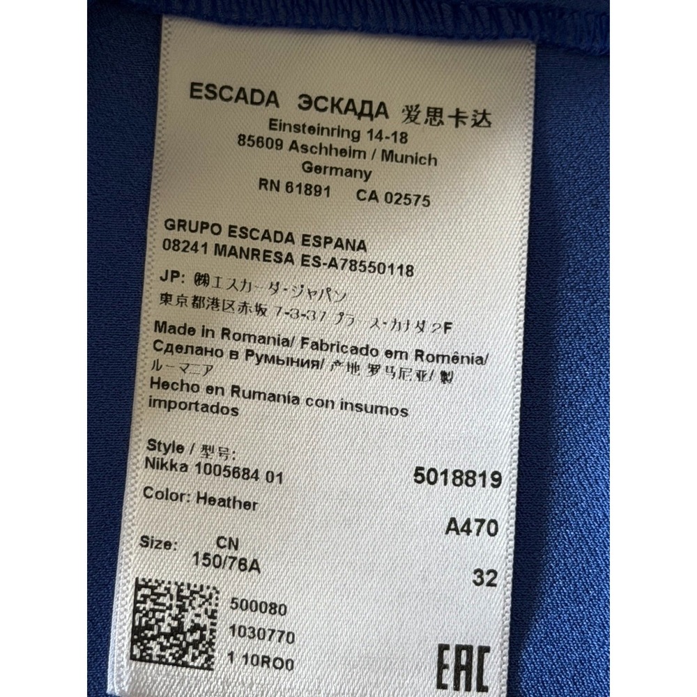 Escada Women's Crepe Tunic Blouse Blue Asymmetrical Hem V-Neck Long Sleeve 32 - Picture 12 of 12
